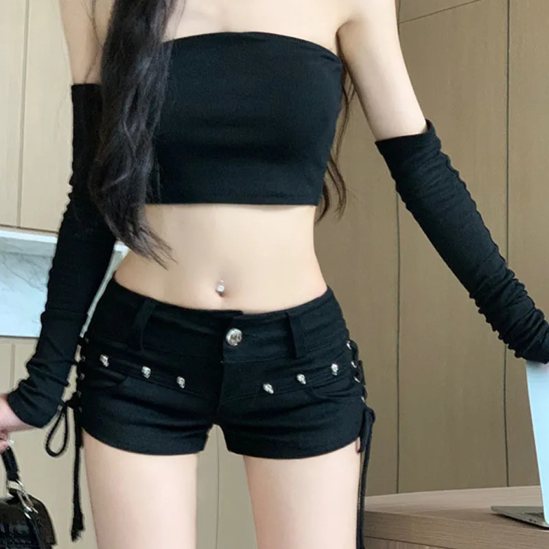 Gothic Skull Low Waist Lace-up Denim Shorts Punk Rock Sexy Women Shorts Streetwear 250407
