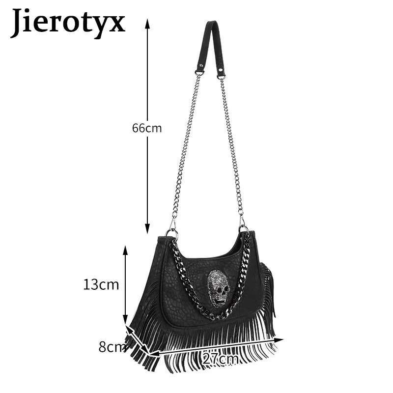JIEROTYX Skull Face Fringed Hobo Shoulder Bag For Women Gothic Black Leather Crossbody Handbag Purse Chain Decor