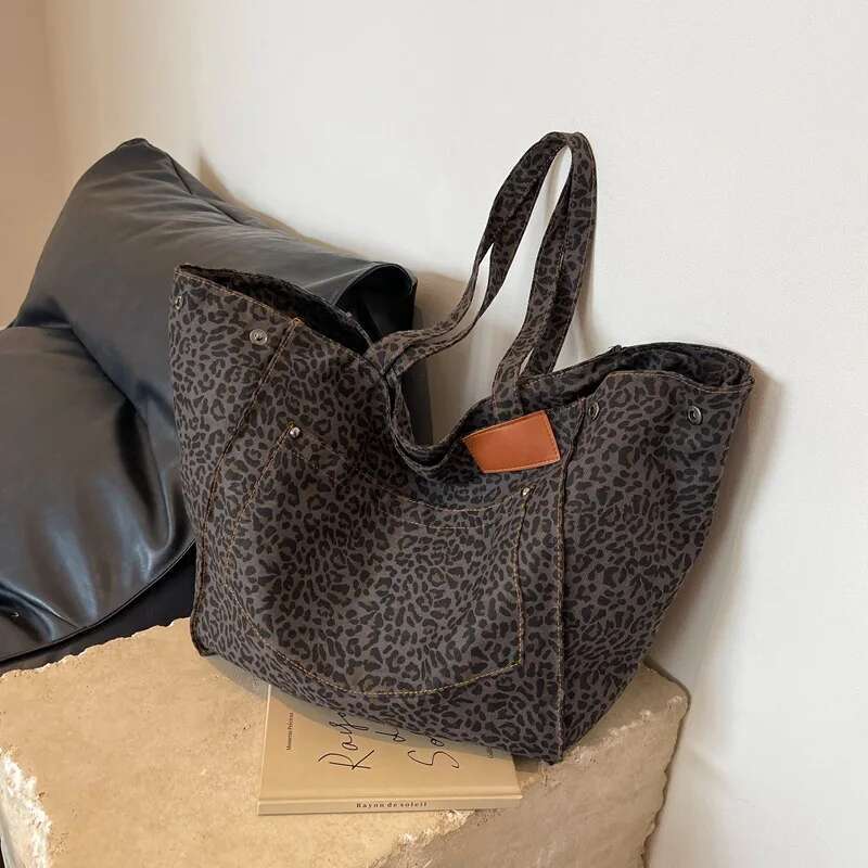 Tide All-Match Leopard Pattern Shoulder Big Capacity Canvas Handbag School Commutingtote Bag Women