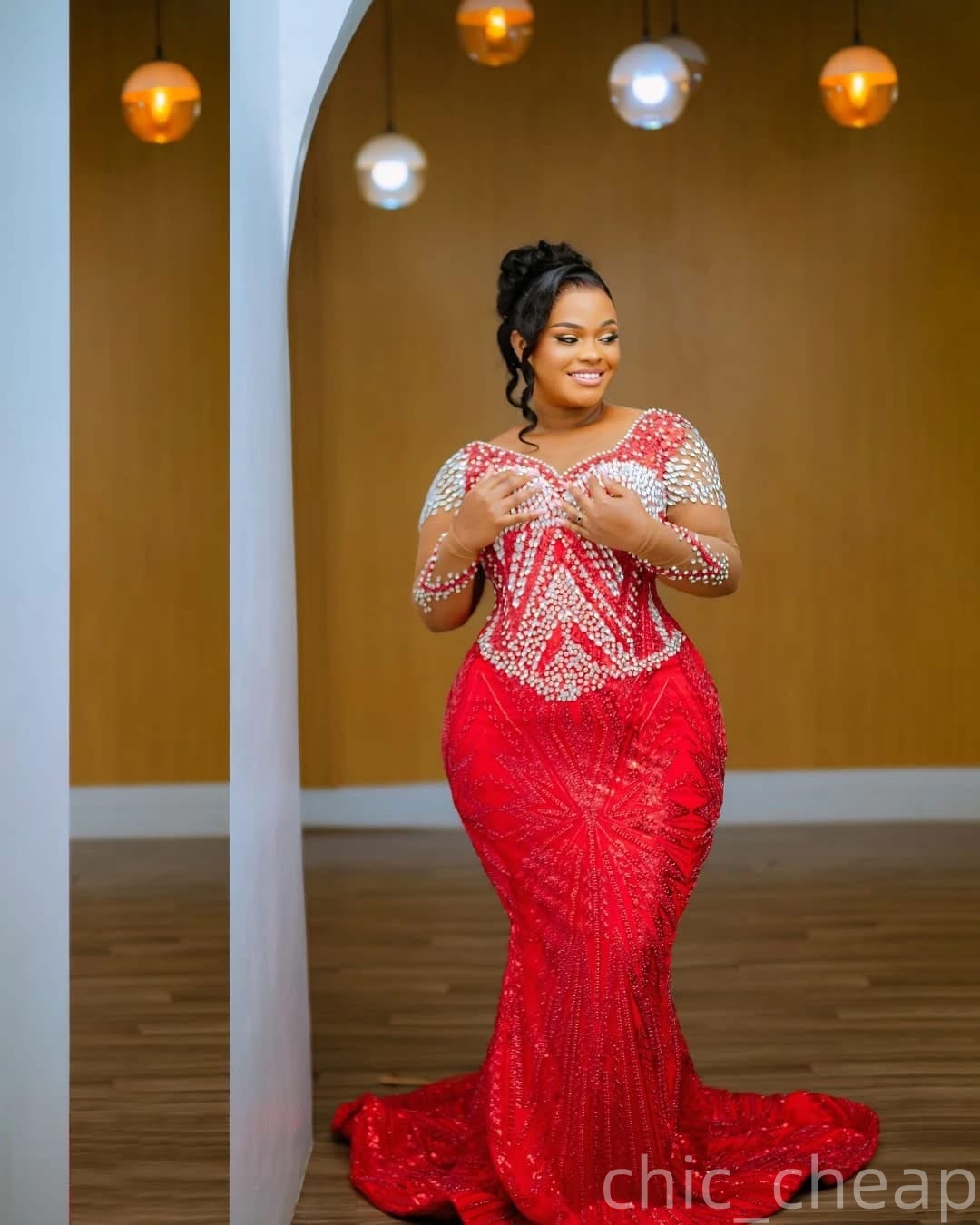 Aso Ebi Red Mermaid Prom Dresses 2026 Crystals Full Sleeves Sequined Evening Formal Party Second Birthday Engagement Gowns Plus Size Dress For Special