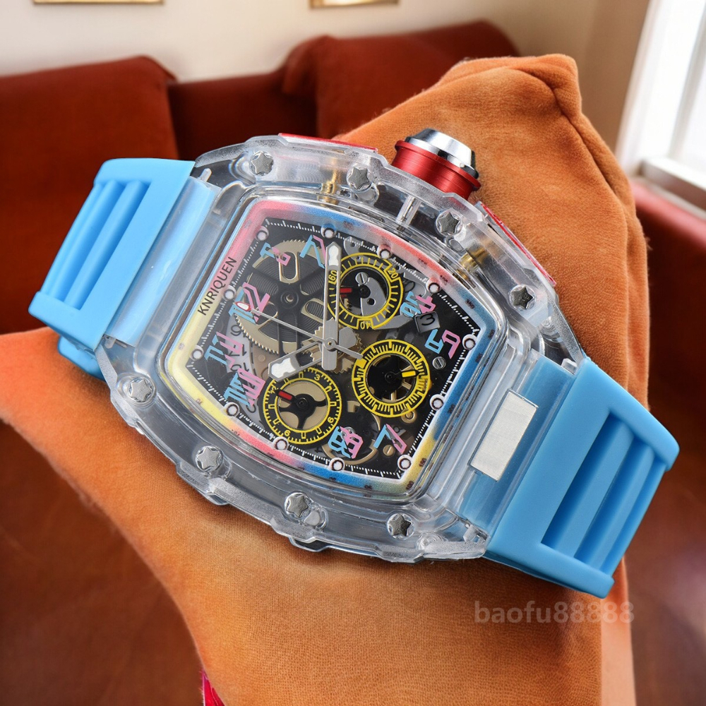2026 New Luxury Cool Watches for Men Quartz Movement Rubber Strap Chronograph Multifunction Daily Waterproof Transparent Case AAA Male Clocks