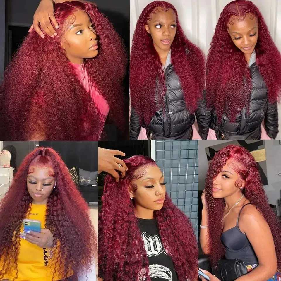 HD Transparent Lace 200 Density 13x4 13x6 Full Frontal Lace 99j Burgundy Preplucked Colored Deep Wave Frontal Human Hair Wig W251107