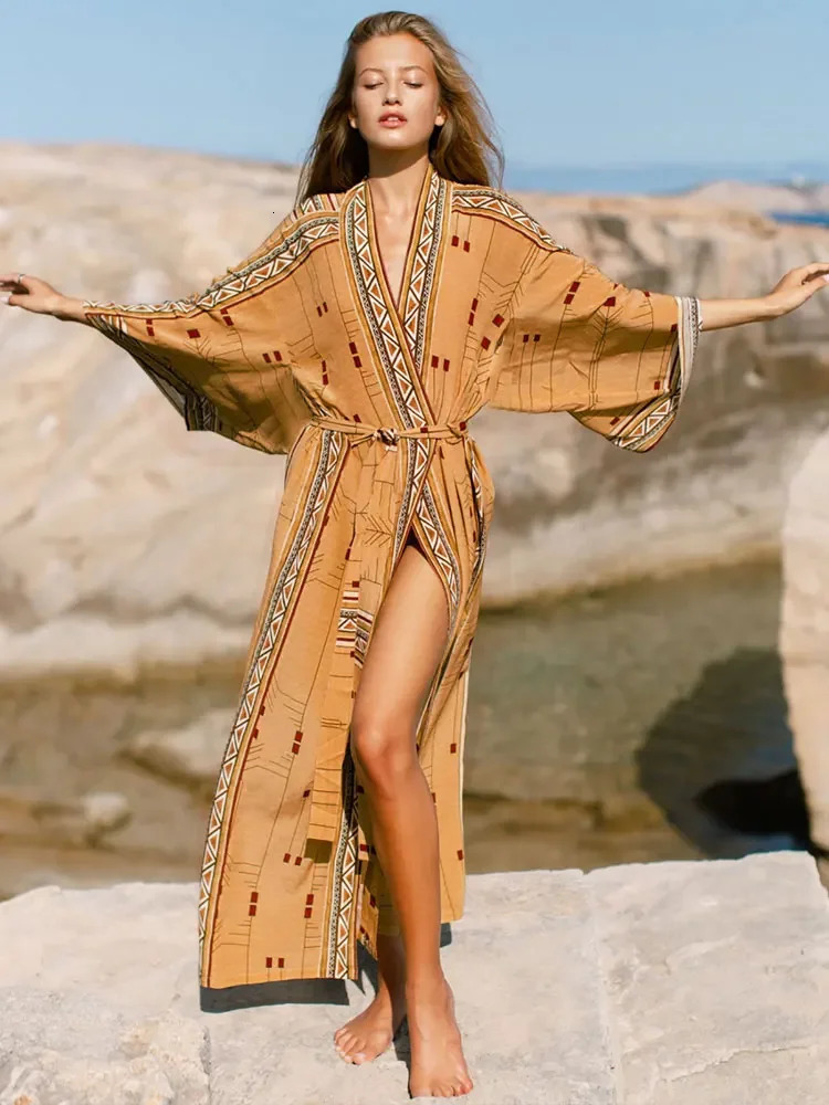 Bohemian printed bikini top elegant self waistband kimono dress tuned womens plus size beach swimsuit cover Q1228 250327