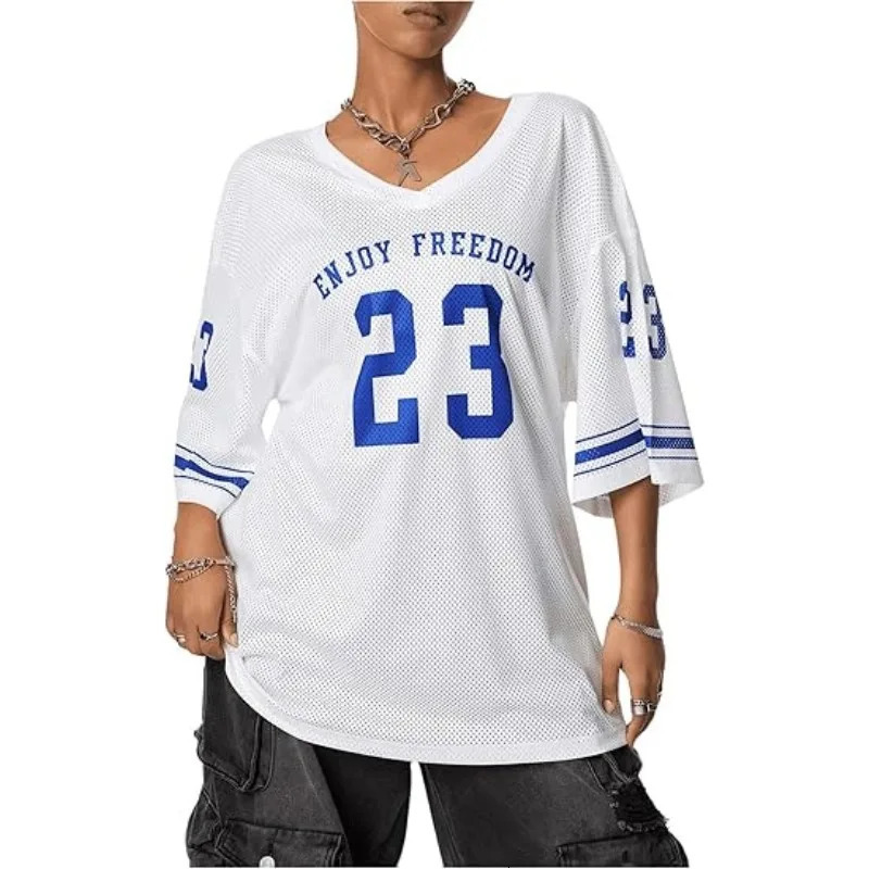 Summer 23 Print Tshirt for Womens Vneck Mesh Comfortable and Breathable Football Sports Wear Y2K Loose Large Size Clothing 250407