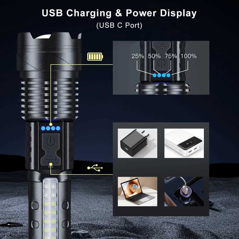 Zoomable Super Bright Flashlight 30W 7Mode COB LED Tactical Flashlight Portable Rechargeable Outdoor Lamp Built in BatteryW251106