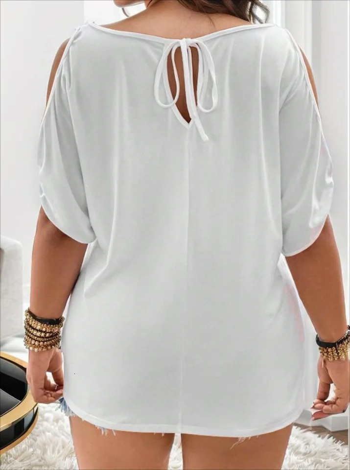 plus size womens solid color casual shoulder Tshirt 250407