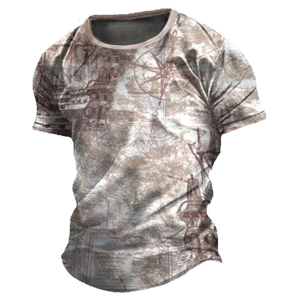 Retro American summer shirt, printed compass top, short sleeved T-shirt, loose fit, men's daily wear, casual streetwear