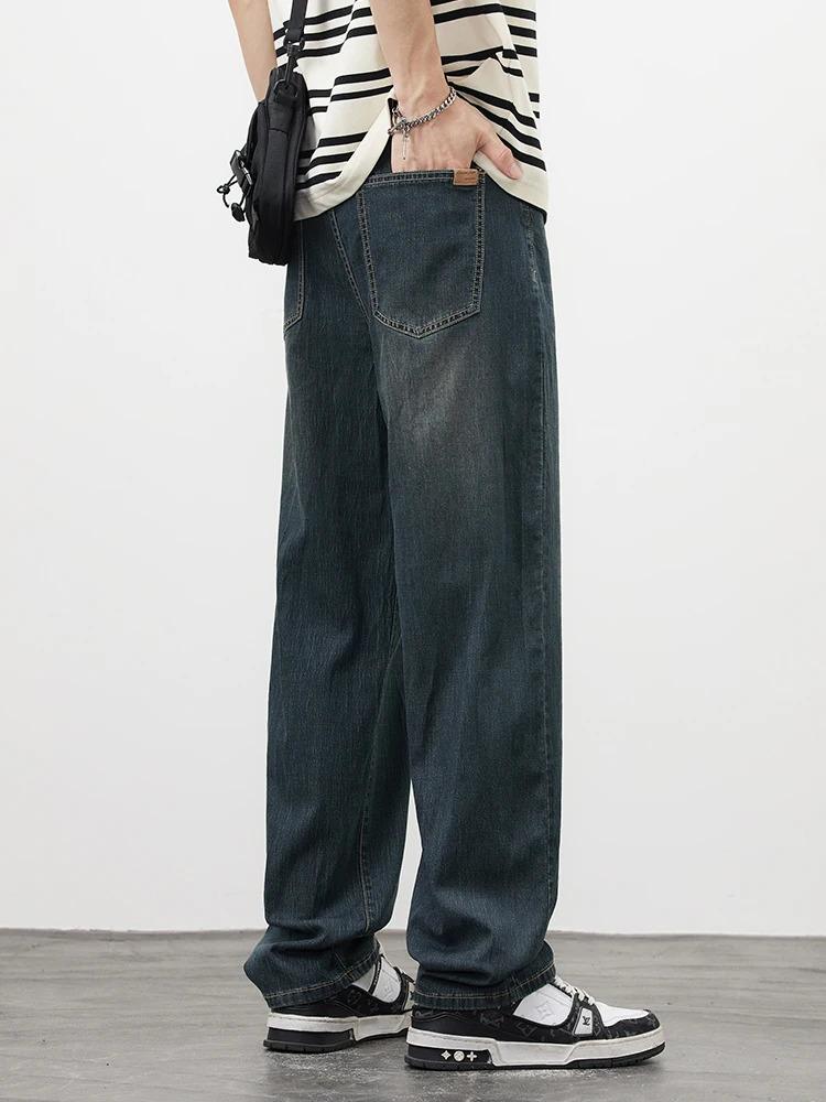 mens straight retro jeans soft Lyocell casual Trouser personalized highquality Korean fashion bagged 250401