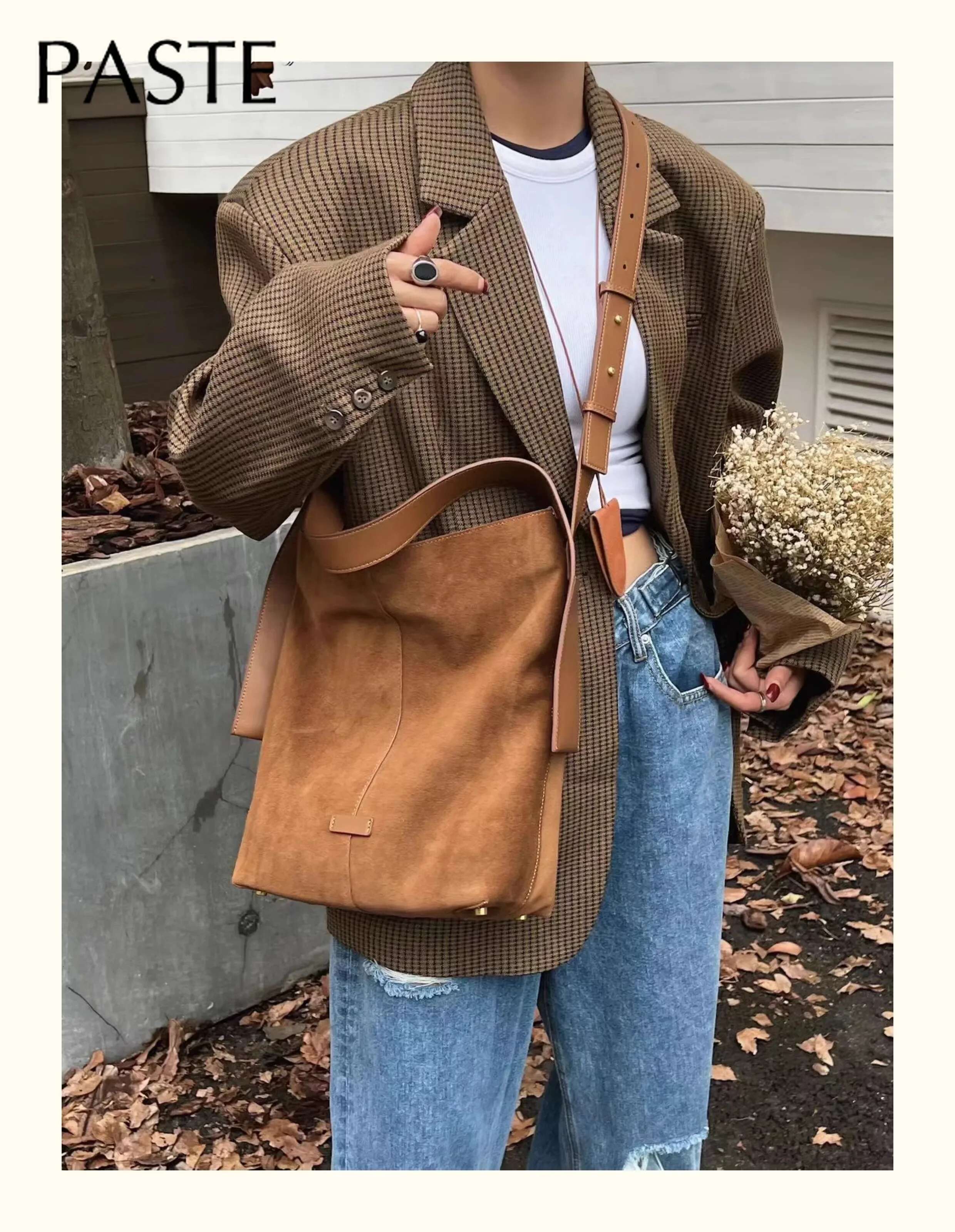Ins Chic Slouchy Style Soft Touch Bucket Tote Big Genuine Suede Leather Women Shoulder Bag Matte Nubuck Office Ladies Handbag