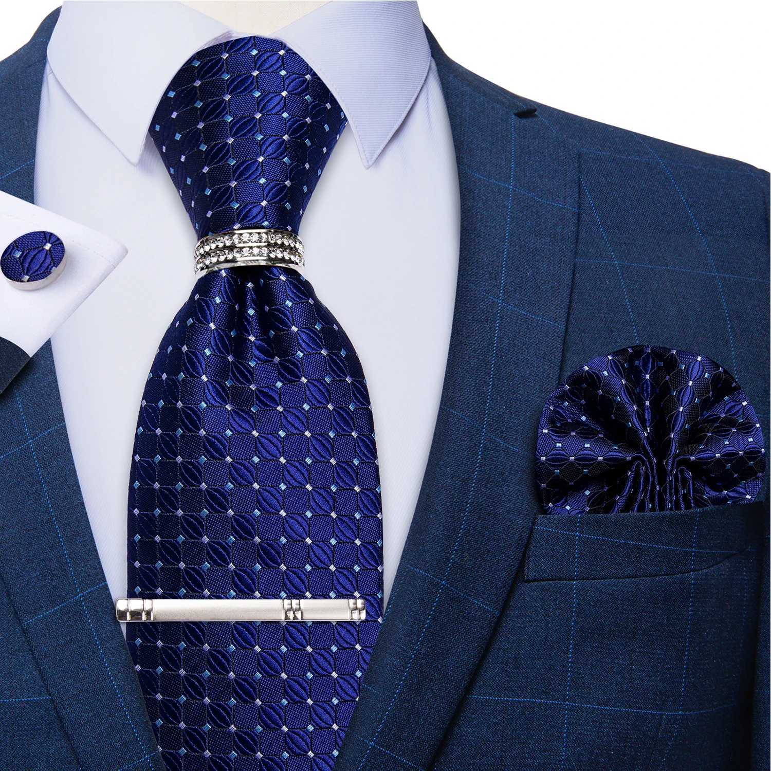 Blue Royal Dot Pliad Mens Tie set with Silver Clip and Ring Business Wedding Party Accessories 8cm Necktie Handkerchief Cufflink X250407
