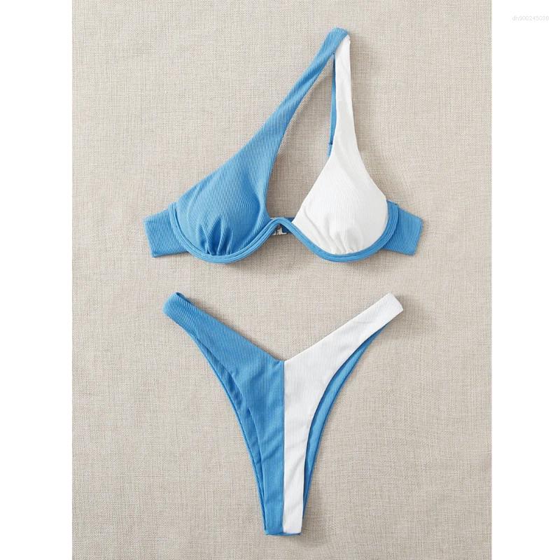 Women's Swimwear Stylish Color Blocked One Shoulder Bikini Swimsuit Sexy Athletic Fitness Swimming Wear For Beach Vacation Fashion Trend