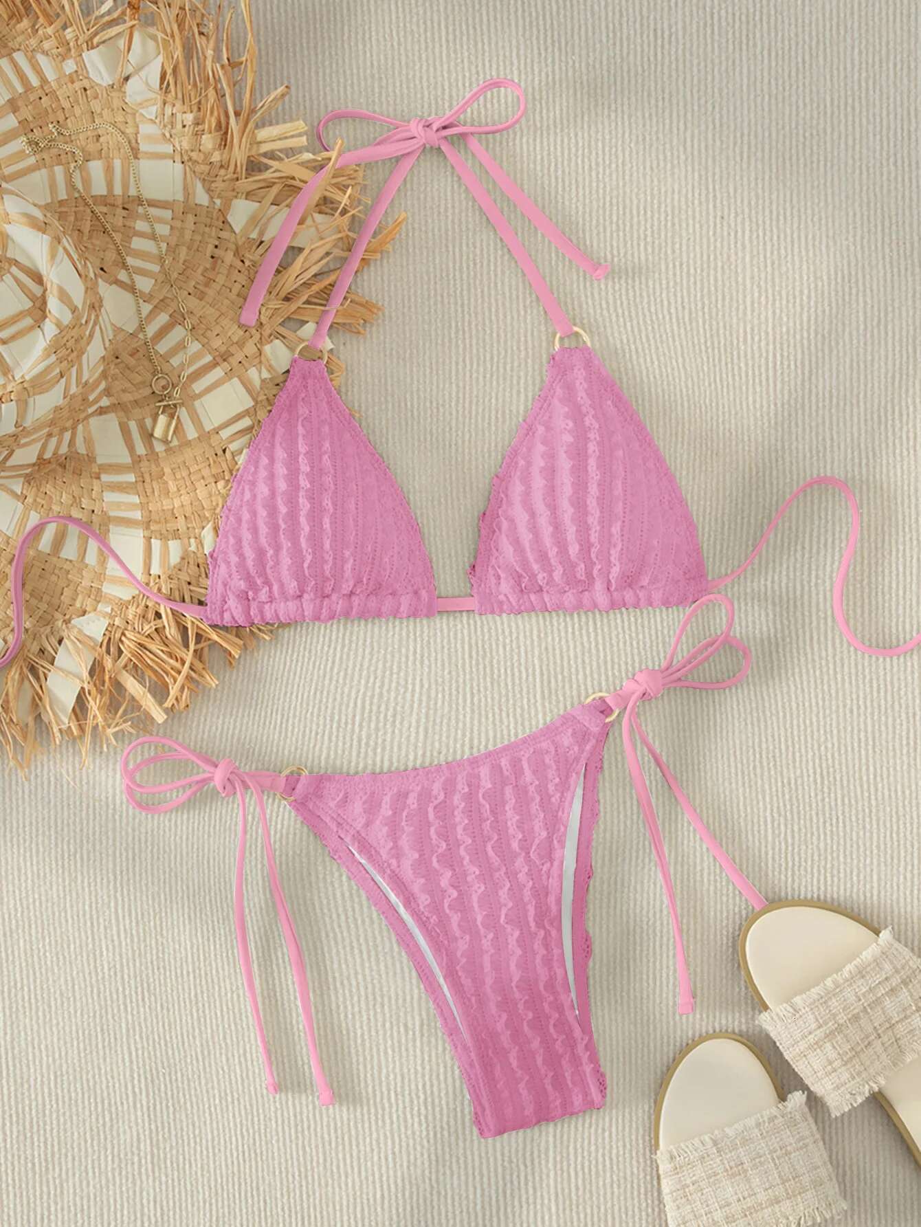 Dongdumaoyi Sexy Pink Bikini Women Halter Ring Linked Push Up Set White Tie Side Thong Swimsuit Bathing Suit Micro Swimwear