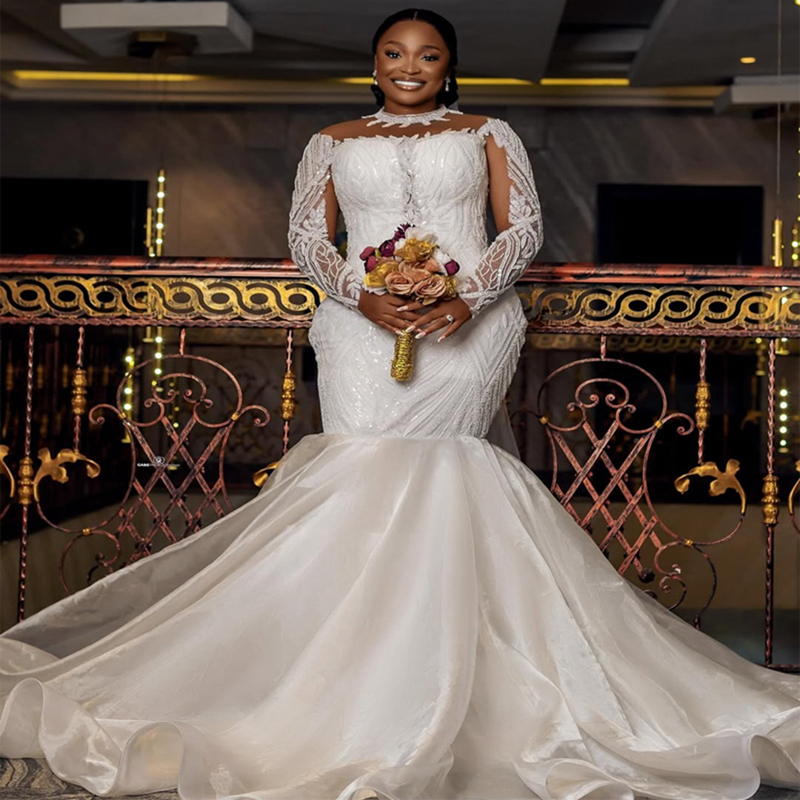 2025 Plus Size Mermaid Wedding Dress For Bride Bridal Gowns Long Sleeves Sheer Neck Long Sleeves Beaded Lace Tiered Tulle Wedding Gowns For African Bl