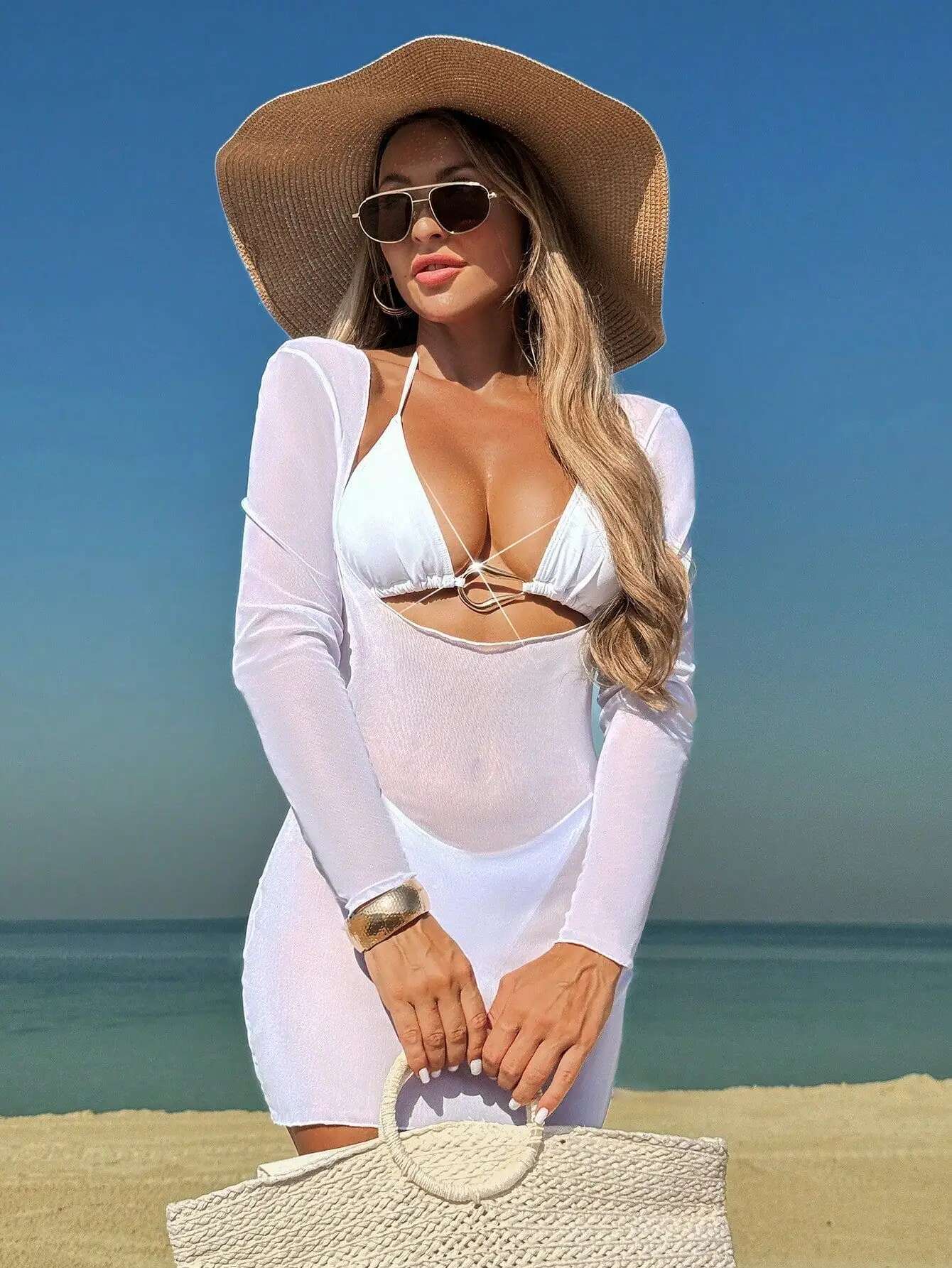 Dongdumaoyi Sexy White Dress Piece Bikini Set Women Long Sleeve Mesh Cover Up Holiday Swimwear Summer Bathing Suit Thong Swimsuit