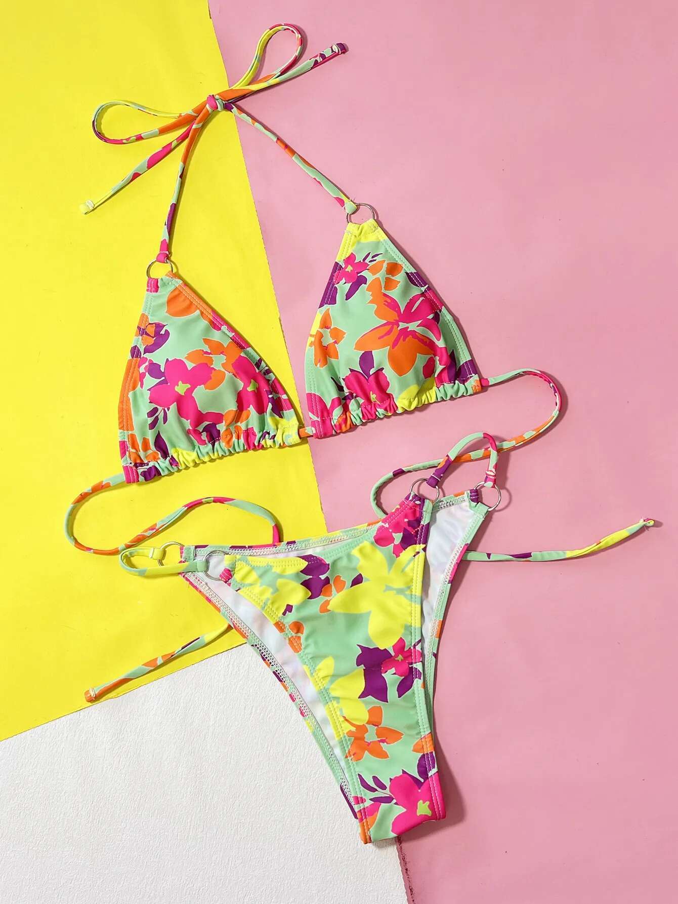 Dongdumaoyi Sexy Colorful Tie Dye Bikini Set Women Halter Push Up Bra Triangle Swimsuit Brazilian Beach Bathing Suit Vacation Swimwear