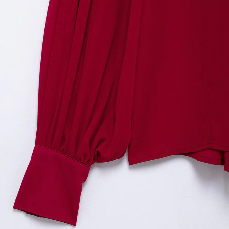 Willshela womens fashionable red bow lace pleated single chest shirt retro Oneck long sleeved 250407