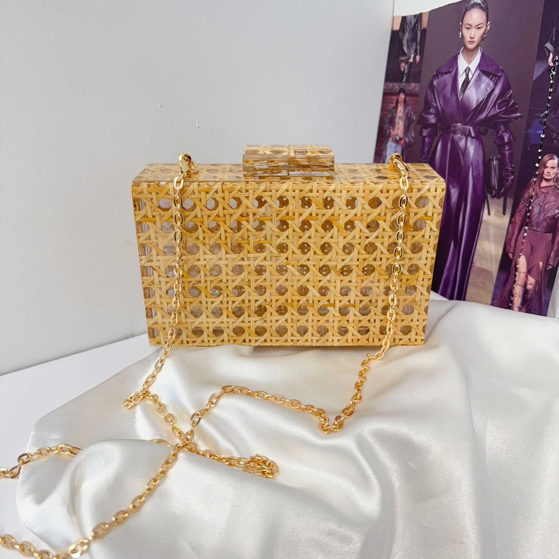 Women Rattan Acrylic Box Cane Evening Clutch Wedding Party Purses Summer Wicker Handbags Designer High Quality Woman's Bag