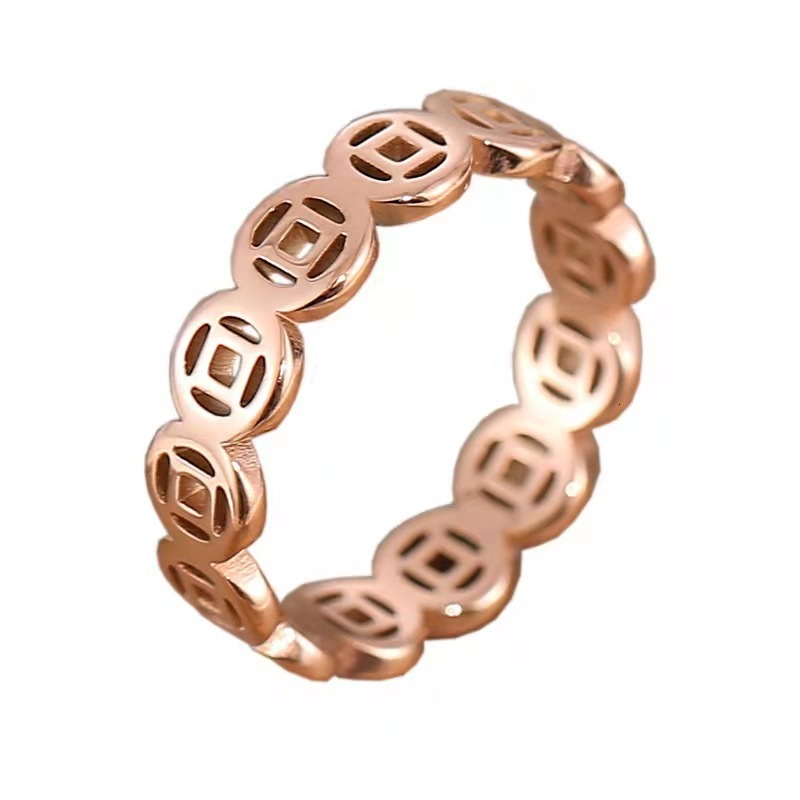 New Chinese style copper coins attract wealth, transport money, women's niche design, titanium steel non fading rings, personalized and versatile
