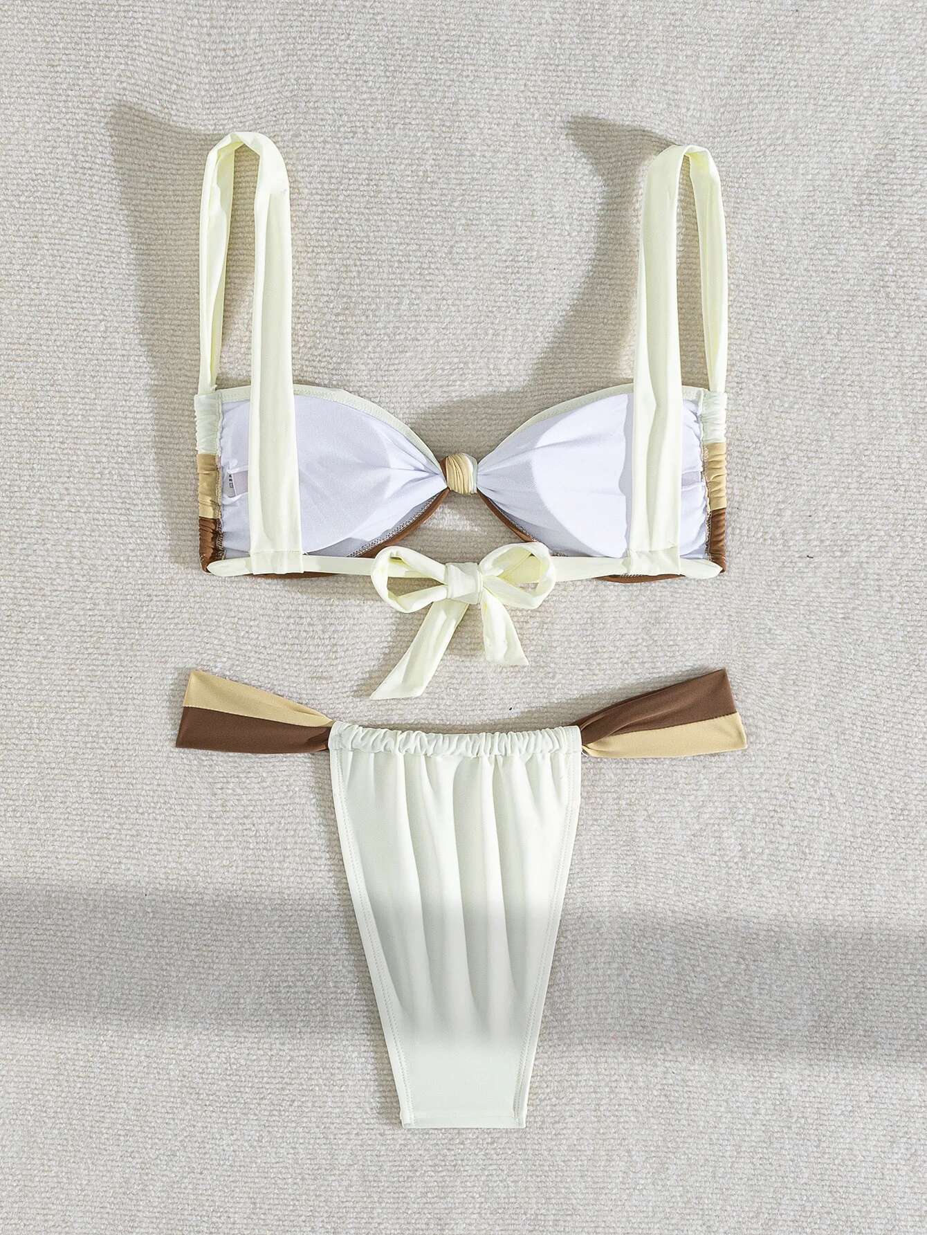 Dongdumaoyi Sexy Beige Patchwork Bikini Women Front Tie Pleate Push Up Micro Swimsuit Brazilian Gradient Bathing Suit Thong Swimwear
