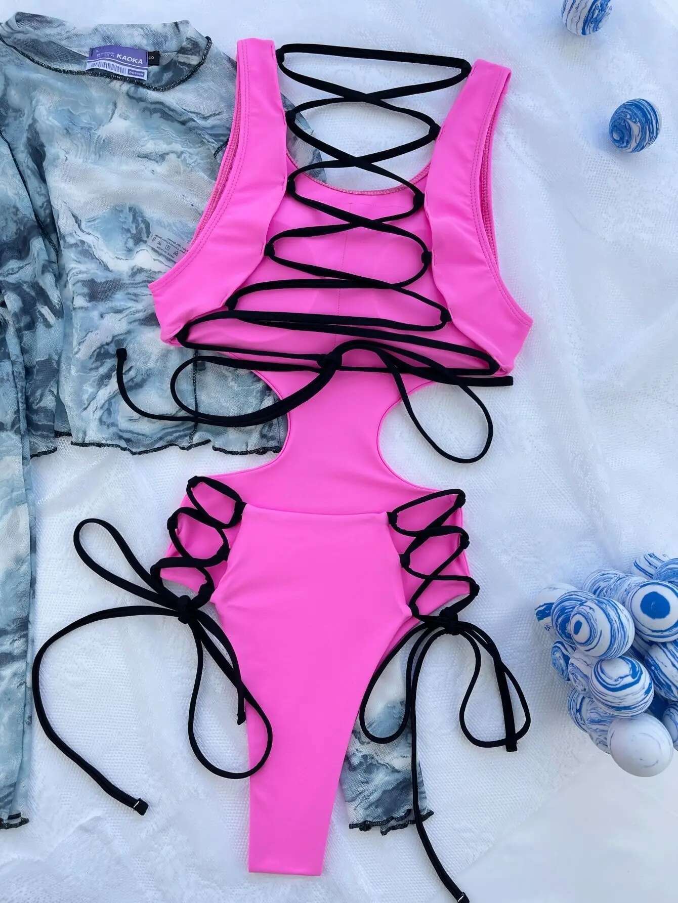 Dongdumaoyi Sexy Drawstring One Piece Swimsuit Hollow Out Backless Cross Bandage Bikini Beach Bathing Suit Lace Up Swimwear Monokini
