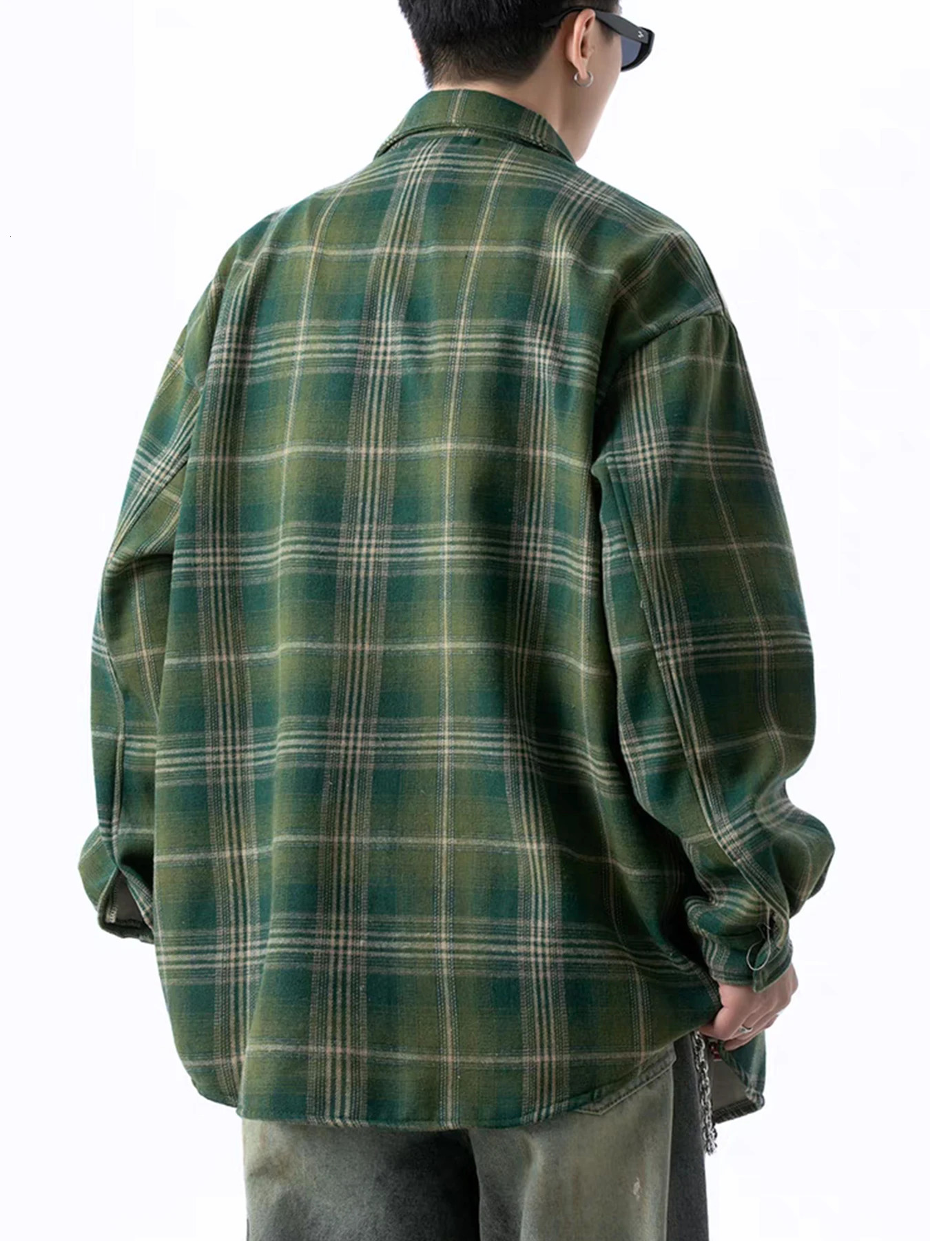 Retro green plaid shirt mens long sleeve spring and autumn loose casual coat 250226