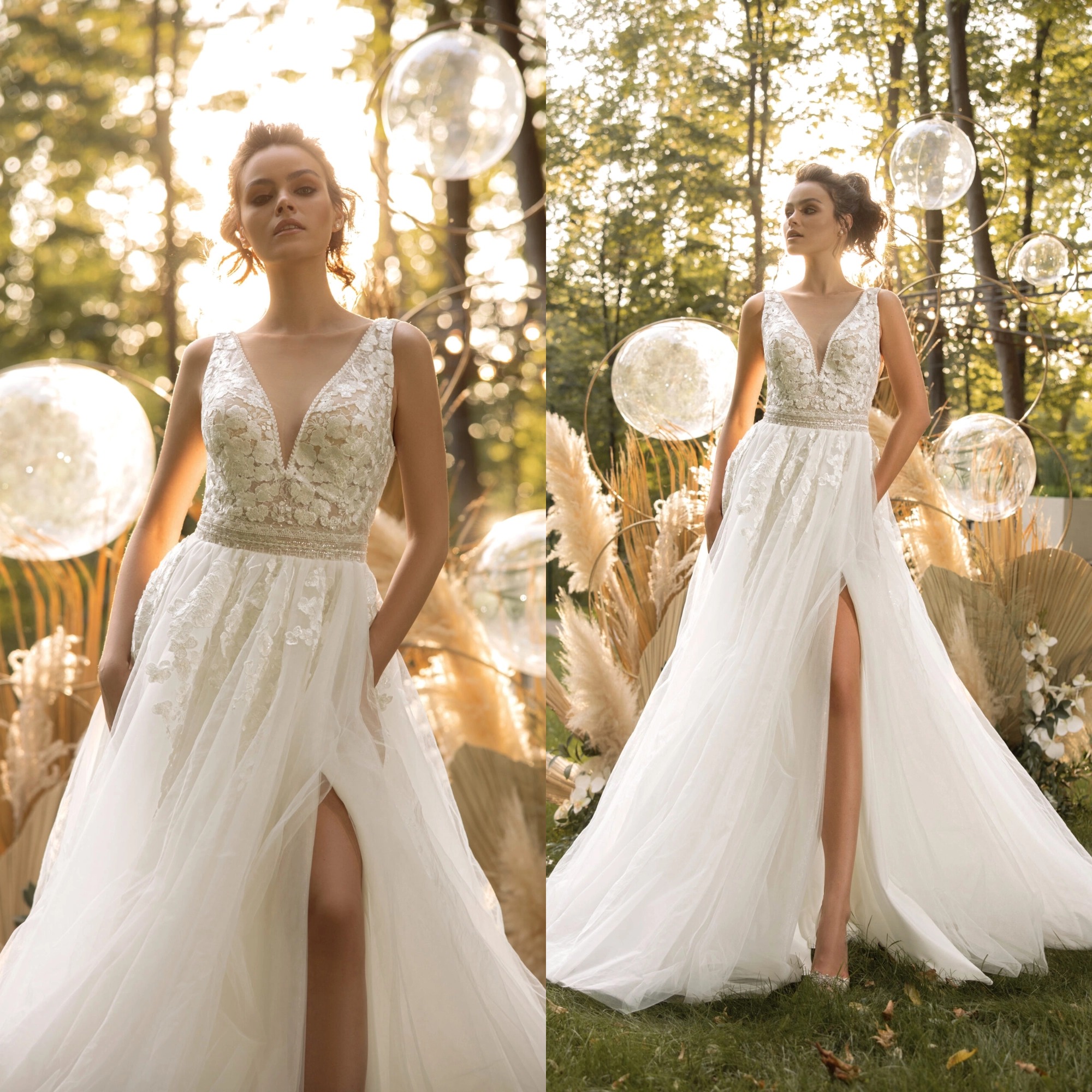 Bohemian Wedding Dresses V Neck High Split Lace Applique Bridal Gowns Customized Backless Sweep Train A Line Boho Robe De