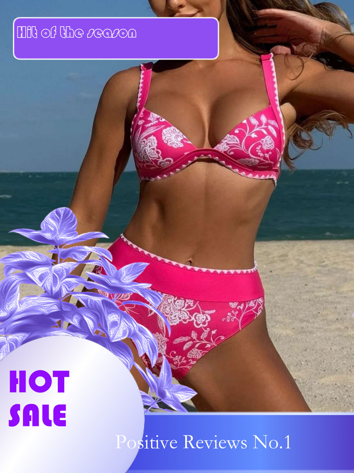 Dongdumaoyi Vintage Hot Pink Floral Print Bikini Set Women Sexy Push Up Bra High Waist Swimsuit Beach Bathing Suit Two Piece Swimwear