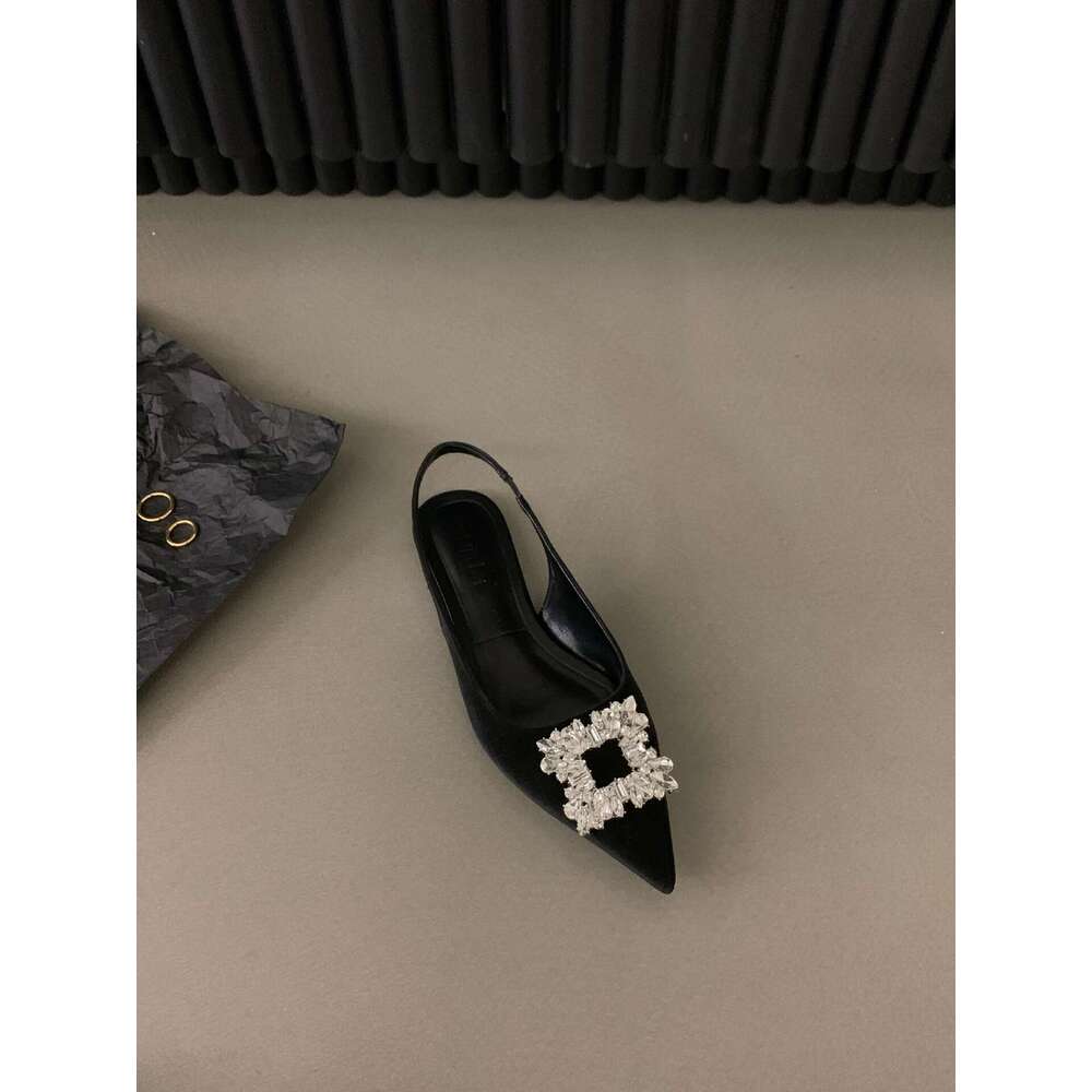 French Style Flat Black Peep-Toe Sandals Fairy 2025 New Spring Summer Pointed Toe Free shipping Rhinestone Elegant Single Shoes