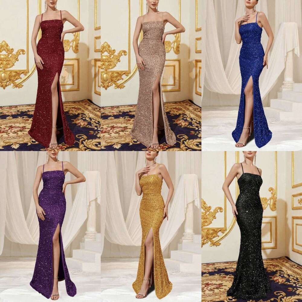 New Cross-Border Trade Women's High-Waisted Sexy Sequin Split Bridesmaid Dress Strap Evening Gown