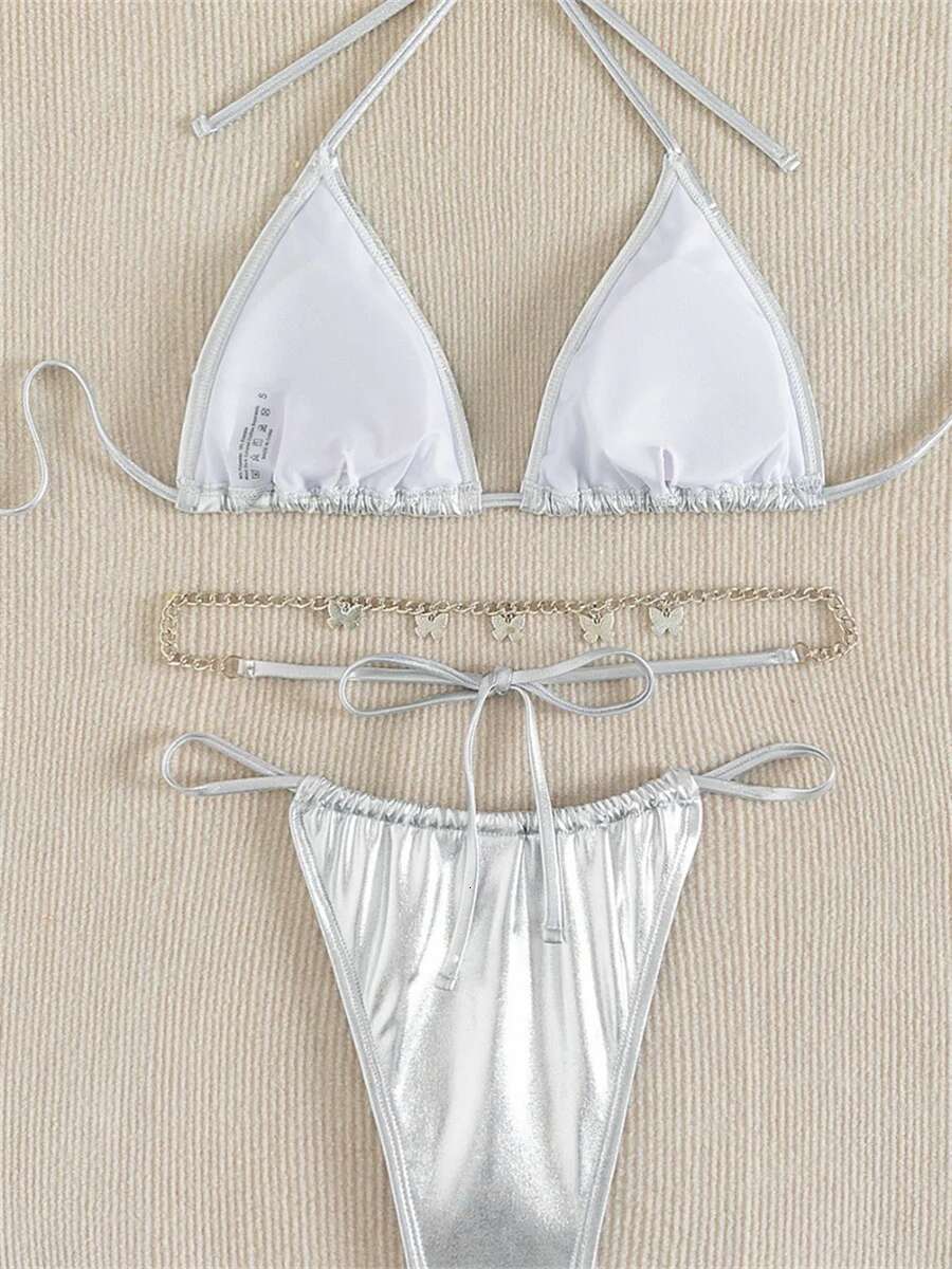 Dongdumaoyi Sexy Brozing Silver Bikinis Luxury Metal Butterfly Chain Belt Micro Swimsuit Push Up Beach Bathing Suit Thong Swimwear