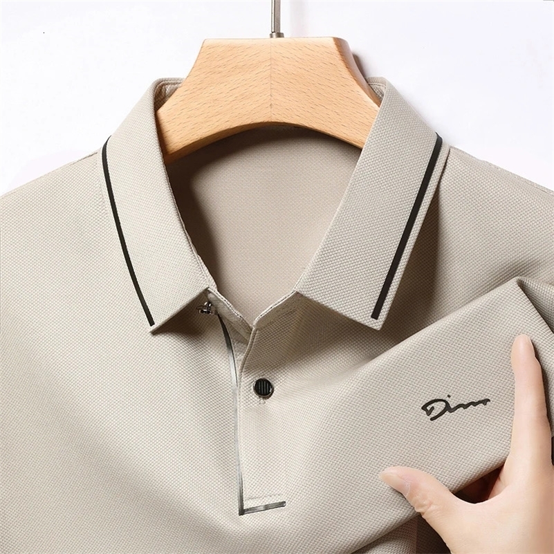 mens business casual long sleeved shirt with badge solid color polo fashionable breathable and comfortable lapel top y250321