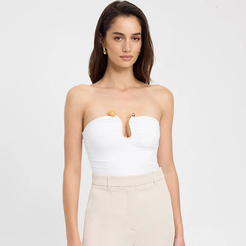 Approban solid wrapped chest metal decoration bare back ultra short top shrink folding agate sleeve single line shoulder vest 250407