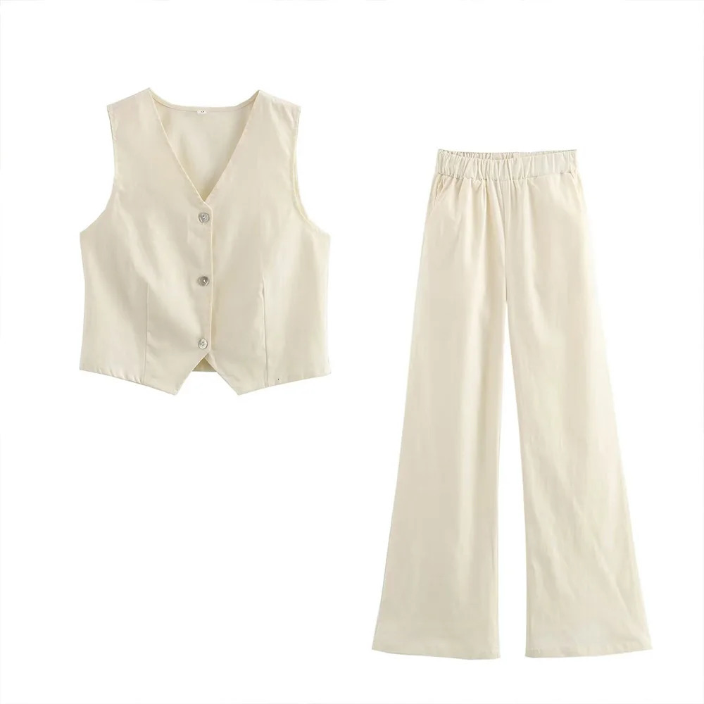 ZA summer womens all cotton casual slim fit Vneck single breasted vest and wide leg pants set 250407