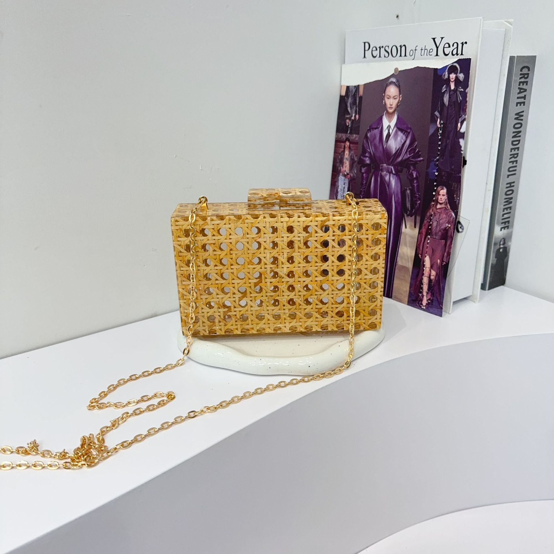 Women Rattan Acrylic Box Cane Evening Clutch Wedding Party Purses Summer Wicker Handbags Designer High Quality Woman's Bag