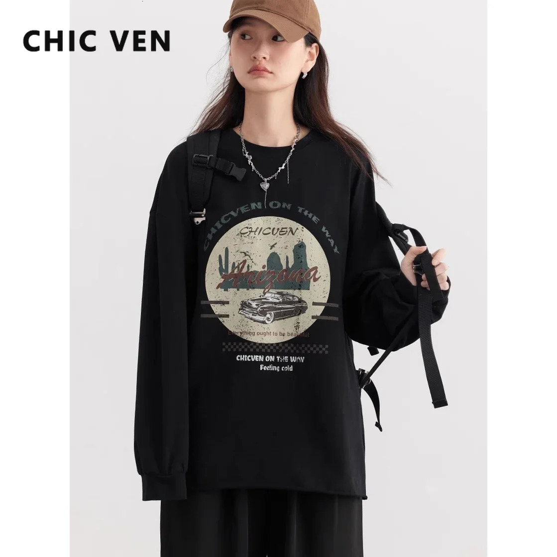 CHIC VEN Womens Tshirt Street Clothing Round Neck Letter Printed Long Sleeve Inner Top SpringSummer 250407