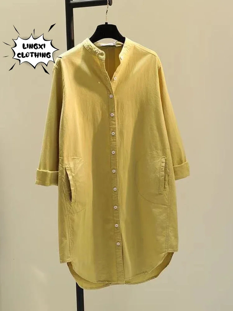 Fashion Elegant Solid Cotton Linen Womens Shirt Single Breasted Round Neck Casual Style Mid Length Shirt 250402