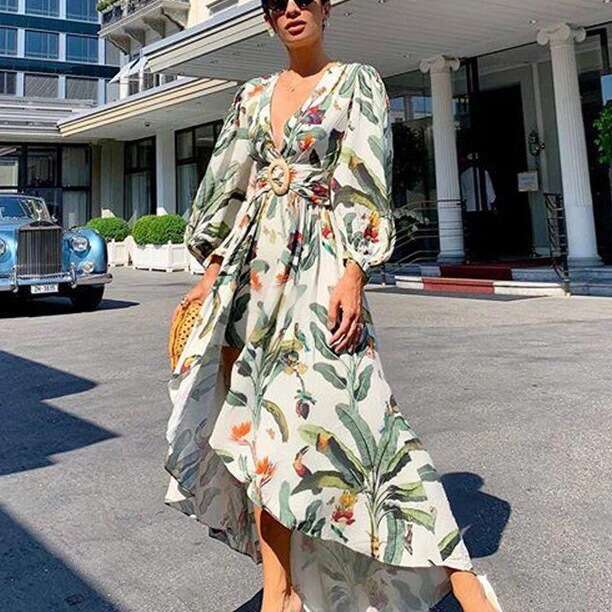 Wish Fashion Women's Clothing 2025 Summer New Deep V Off-Shoulder Printed Irregular Dress
