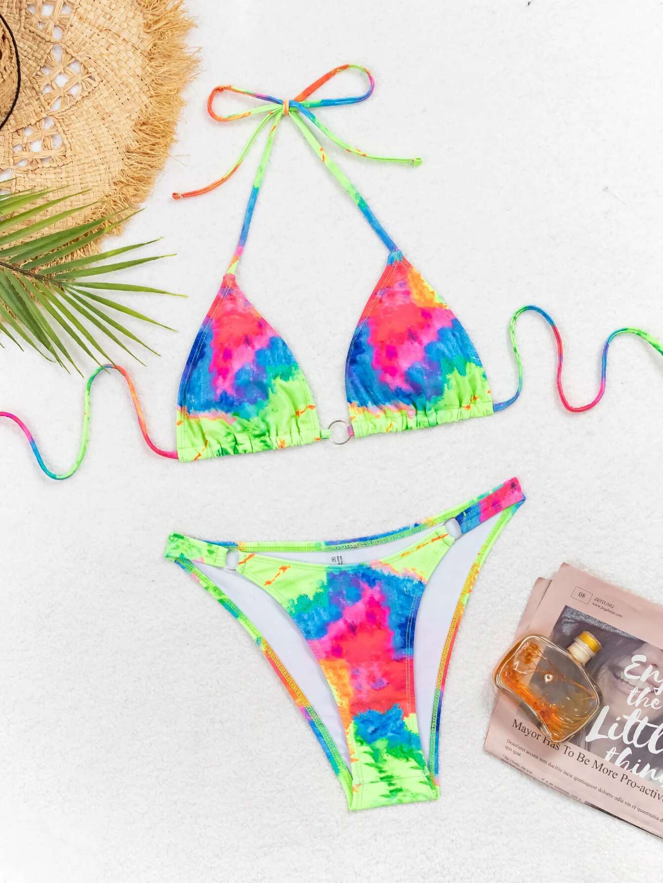 Dongdumaoyi Sexy Green Tie Dye Gradient Bikini Set Women Metal Ring Linked Push Up Thong Swimsuit Beach Bathing Suit Micro Swimwear