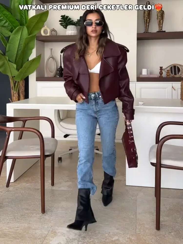 2025 New Women Bury Lapel Leather Jackets Fashion Casual Loose Pockets Long Sleeve Coats Spring Female High Street Outerwear