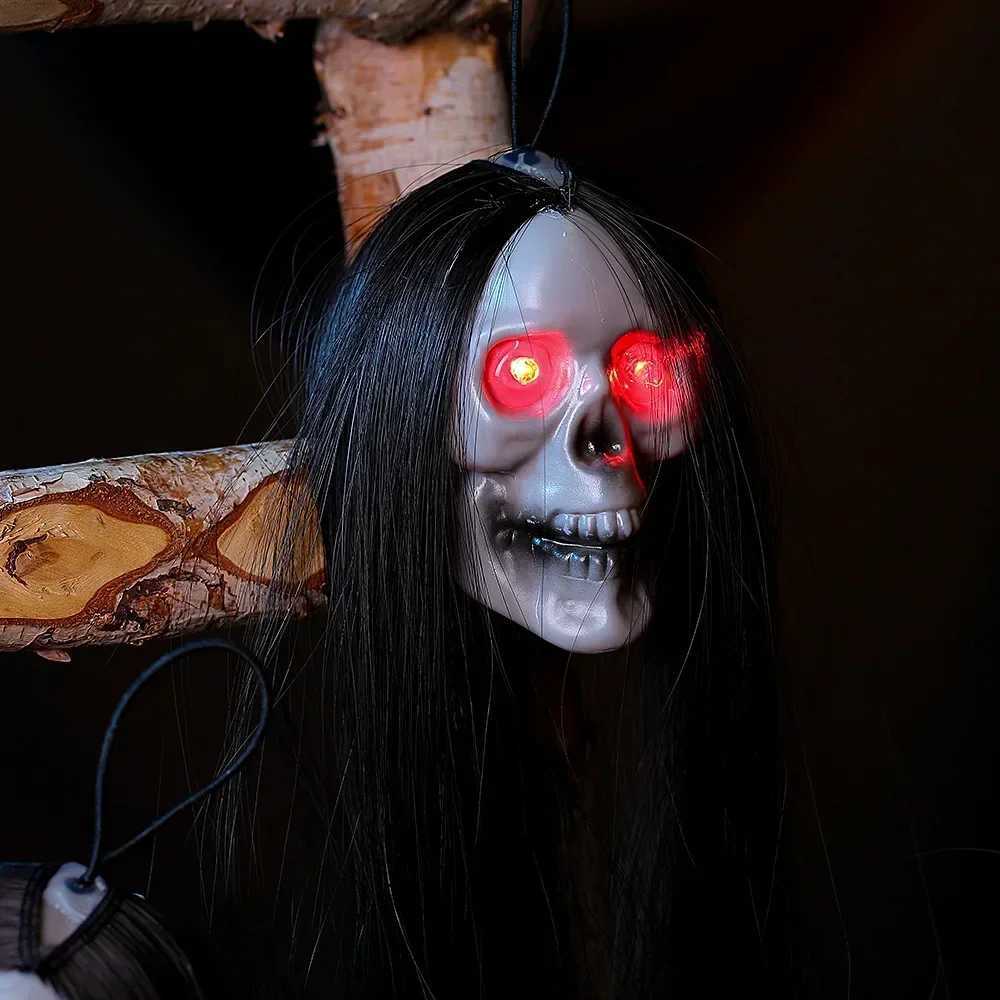 Halloween Hanging Ghost Skull with Long Hair Glowing Eyes Terror Skull Ghost House Head Skeleton Props 2024 Halloween Decoration W251107