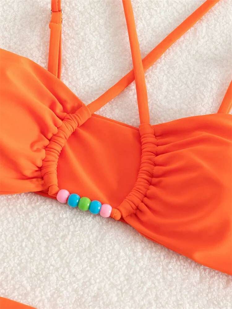 Dongdumaoyi Sexy High Waist Bikini Set Women Orange Purple Hollow Out Pearls Push Up Micro Swimsuit Beach Bathing Suit Lace Swimwear