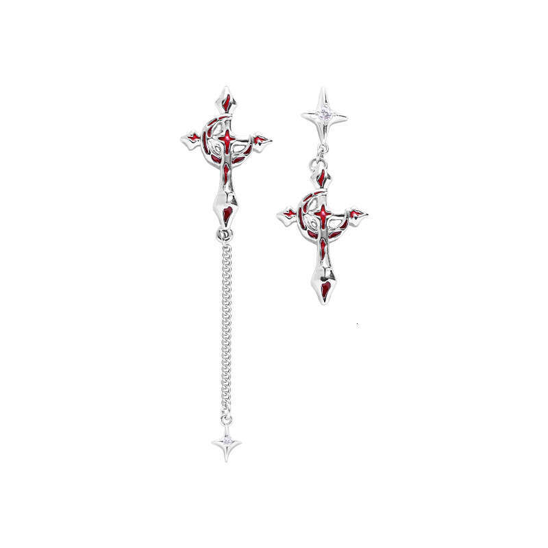 DHcollections Original Design Asymmetric Blood Moon Cross Earrings for Women, Niche High-End Unique Dark Style 925 Silver Needle Ear Jewelry - view 6