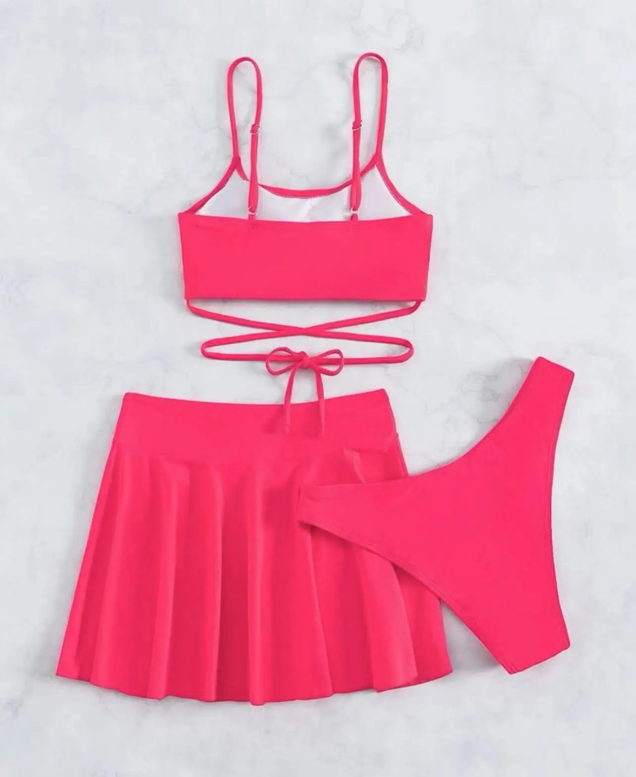 3 Pieces Crisscross Tie Back Bikini Short Skirt Swimsuit Women Solid Swimwear Beach Wear Female Bathing Suit Swim Summer 250313