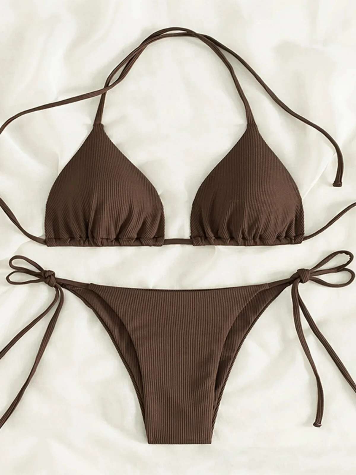Dongdumaoyi Deep Brown Two Piece Swimsuit For Women Sexy V Neck Suspender Backless Bikini Set Low Waist Thong Beach Swimwear Bathing Suit