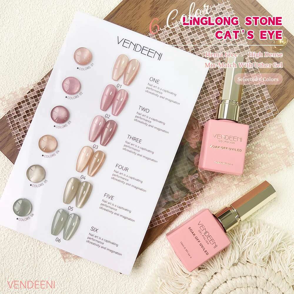Vendeeni 6 Colors Magnetic Nail Polish Set Pink UV LED Soak Off Varnish Crystal Cat Eye Gel Lacquer With Display