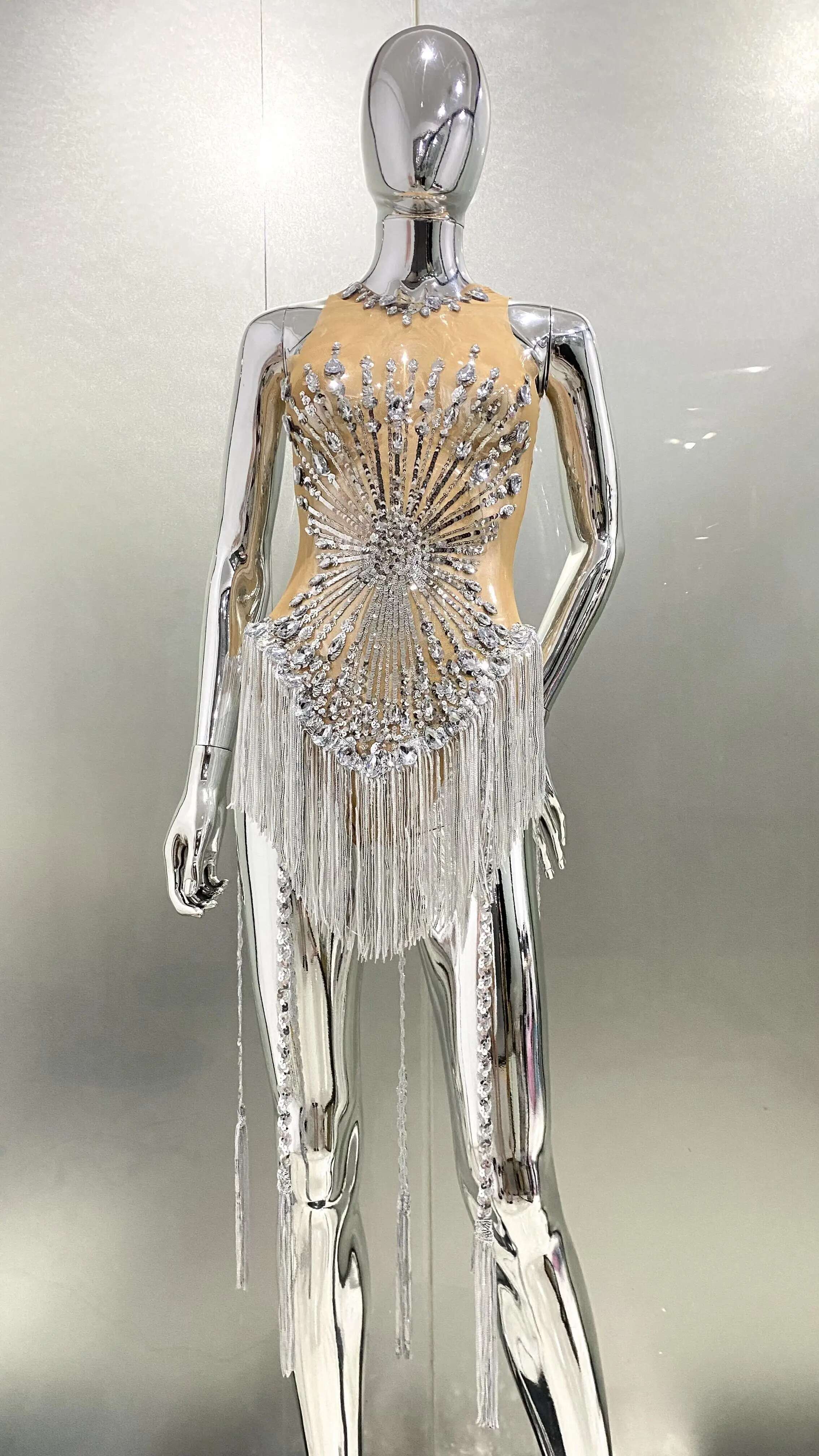 Sliver Sequins Shining Dias Long Tassel Sleeveless Mini High Quality Evening Dress Woman Birthday Party Outfit