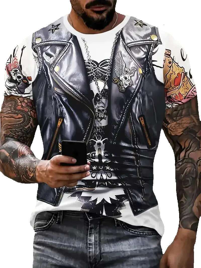 Men's 3D printed short sleeved T-shirt, round neck top, retro fashion, motorcycle pattern, breathable street trend, new, 2024