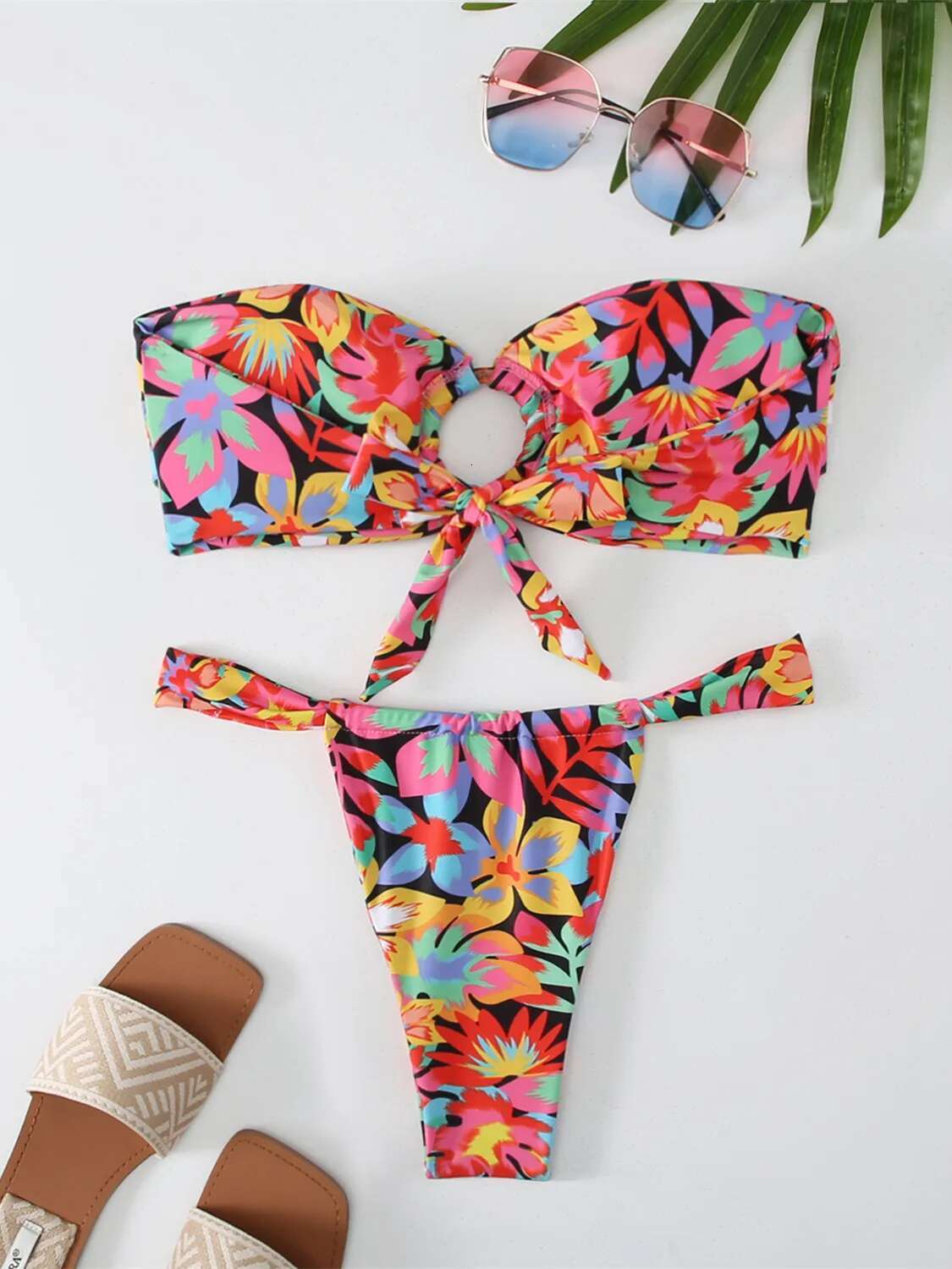 Dongdumaoyi Sexy Bandeau Bikini Set Women Yellow Floral Print Ring Linked Hollow Out Push Up Micro Swimsuit Bathing Suit Thong Swimwear