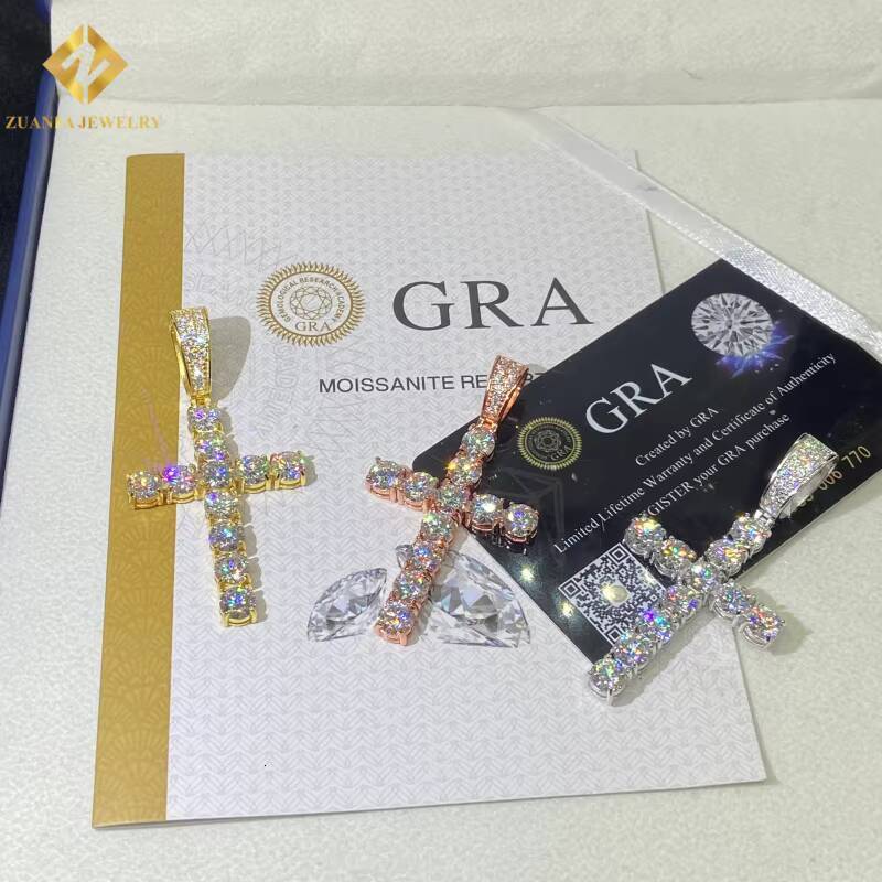Ice Out Round Brilliant Cut VVS Moissanite Pendant Cross Pendant HipHop 925 Sterling Silver Pendant Pass Diamond Tester with GRA