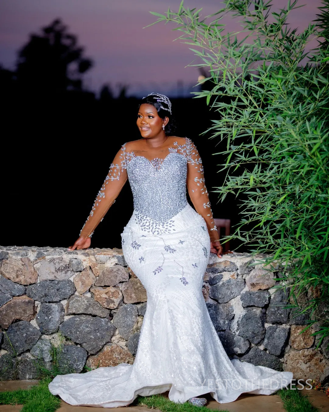 2025 Plus Size Mermaid Wedding Dress For Bride Bridal Gowns Detachable Train Long Sleeves Sheer Neck Beaded Lace Tiered Wedding Gowns For African Blac